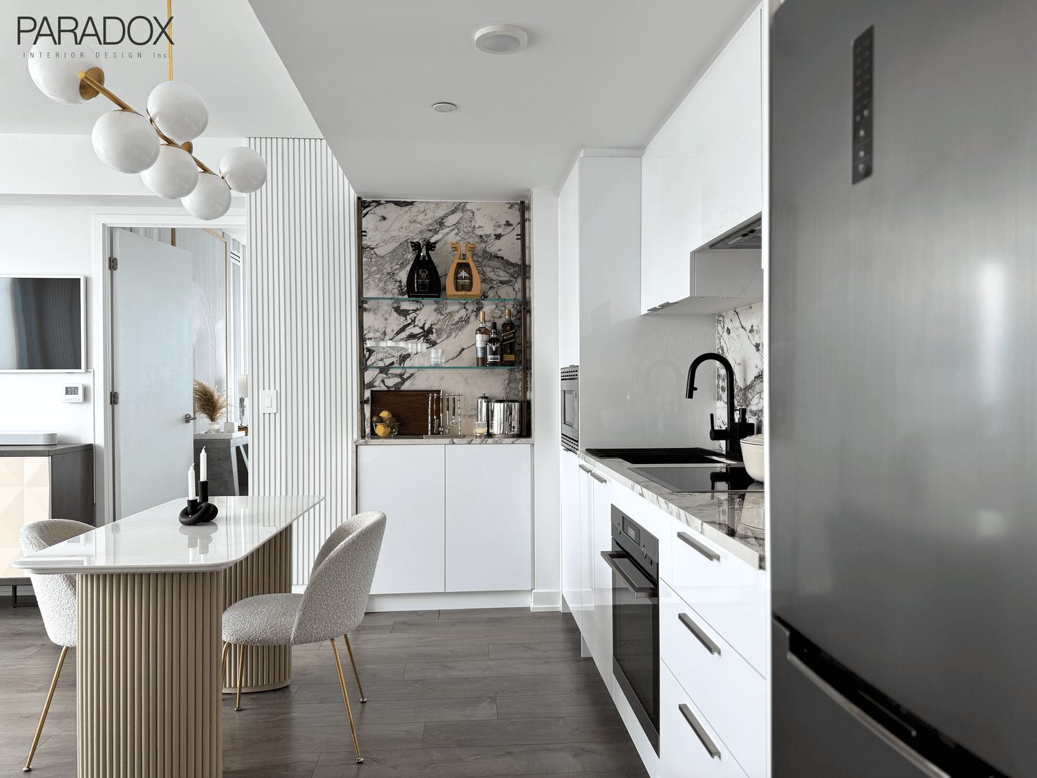 Calm downtown Toronto condo living space in light tones with layered textures, view 4
