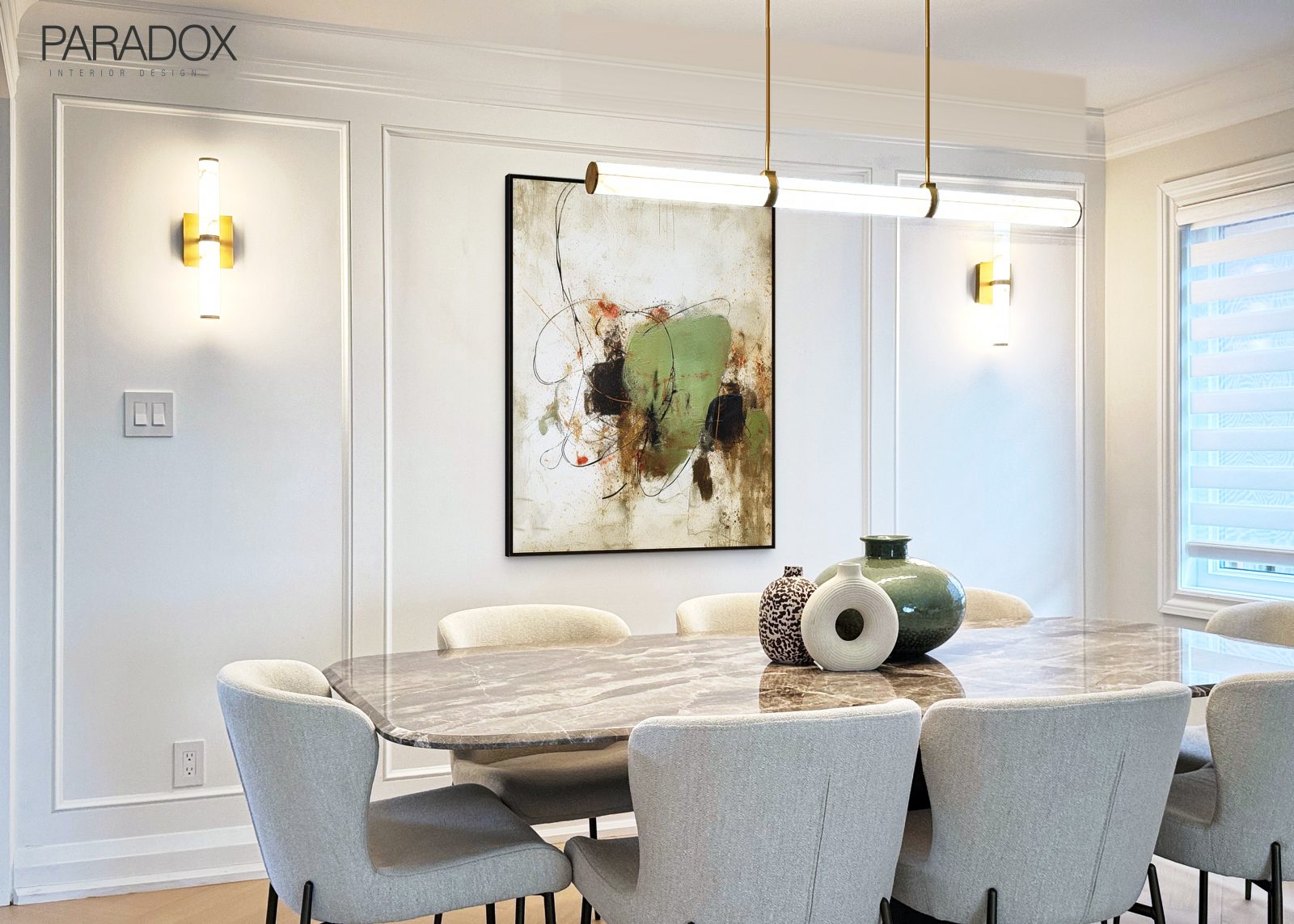 Richmond Hill living and dining room with herringbone hardwood floors, a marble dining table, a black marble coffee table and wall paneling, view 3